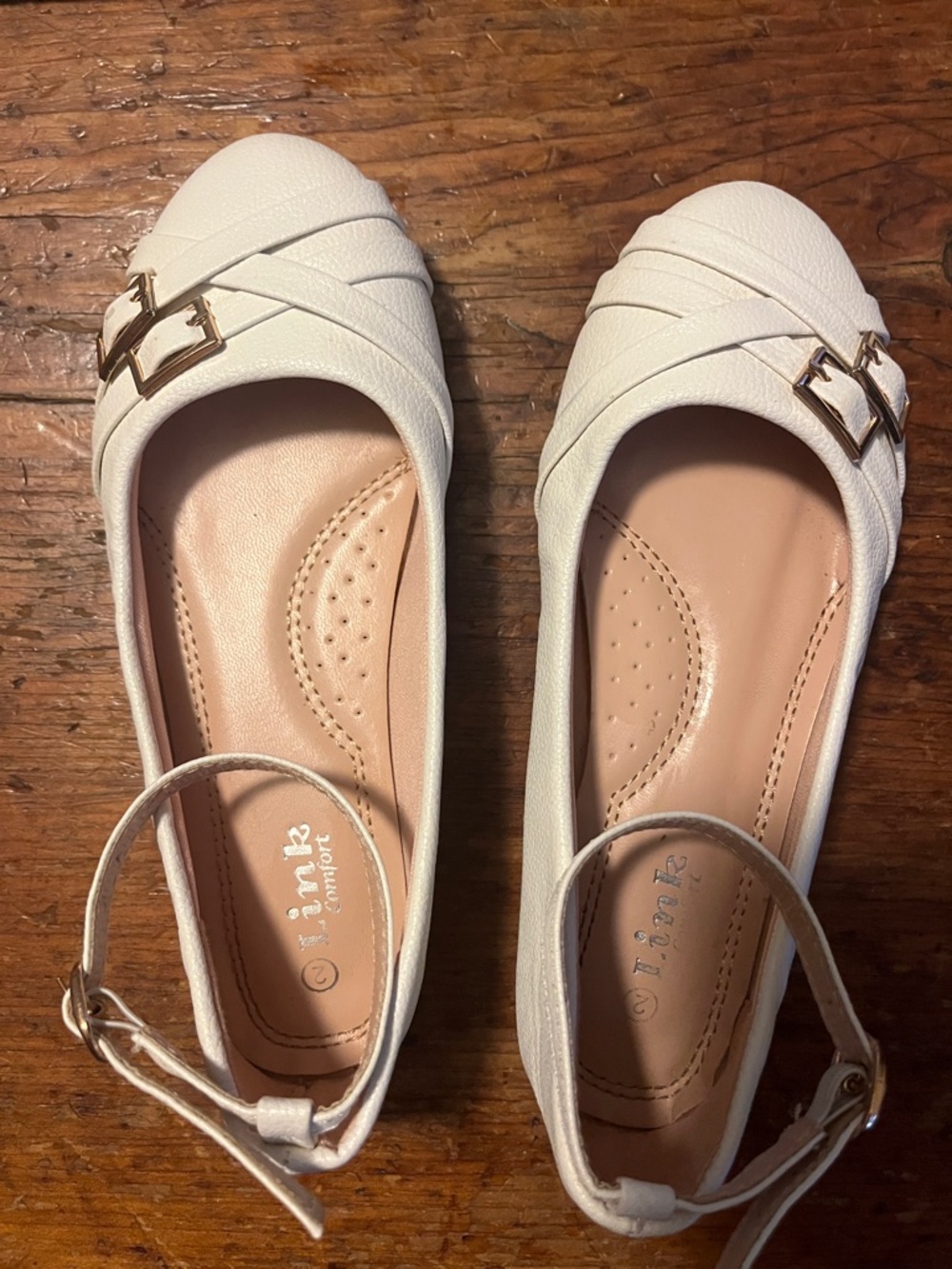 Link White Ankle-Strap Ballet Flats with Gold Buckles